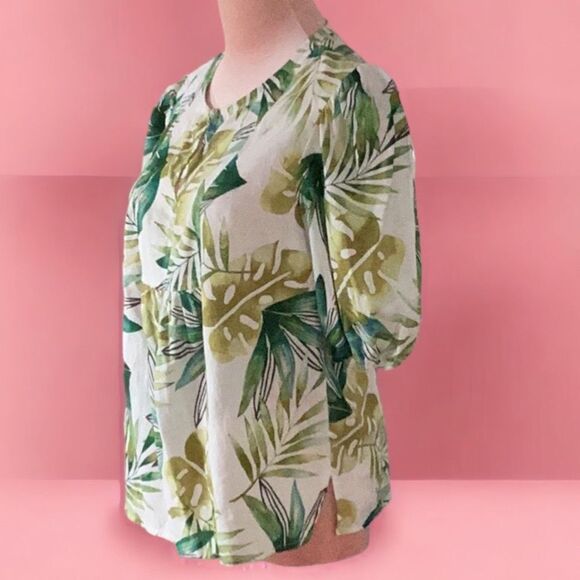 SIGRID OLSEN MEDIUM BLOUSE TOP PUFFY SLEEVES LINEN/RAYON GREEN TROPICAL PRINT - Picture 7 of 7